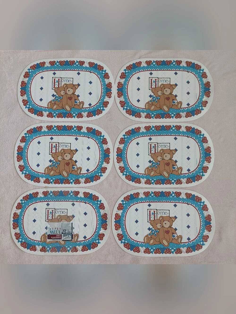 Set of 6 Vintage HOME Teddy Bear Vinyl Placemats NWT